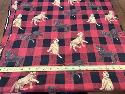 Flannel Fabric Red Black Checkerboard Brown Dogs 2 3/4 Yds x 40" Vintage - Image 1 of 4