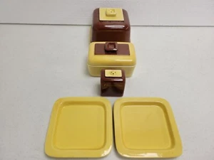 Vintage Art Deco Yellow Brown Breakfast Set for 2, Butter Condiment Dishes Plate - Picture 1 of 21