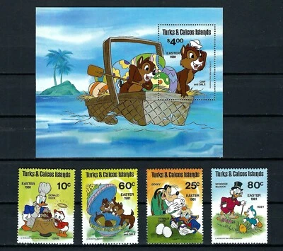 ISLAS TURCAS Y CAICOS, SCOTT #476-480, JUEGO DE 4 SELLOS Y S/S DISNEY 1981 PASCUA Foto 1 de 3