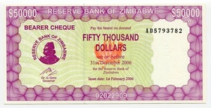 Zimbabwe Original 50 000 Dollars 2006 P30 Uncirculated Bearer Cheque - Picture 1 of 2