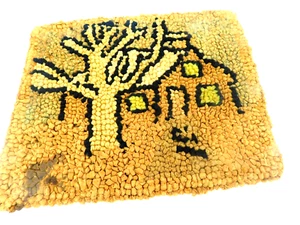Primitive Hand Hooked Wool Mat with House and One Tree - Picture 1 of 3