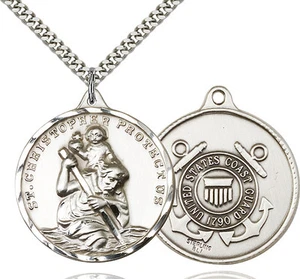 Men's Sterling Silver St Christopher Coast Guard Military Soldier Medal Necklace - Picture 1 of 1
