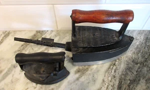 LOT OF 2 ANTIQUE CAST SAD IRONS STEAM MINIATURE ASBESTOS WOOD HANDLE PRIMITIVE!! - Picture 1 of 14