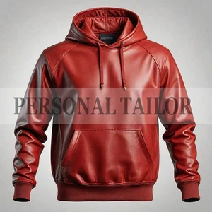 Men's Real Soft Genuine Red Leather Hoodie Pullover Hood With Kangaroo Pockets - Picture 1 of 2