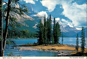 Postcard Spirit Island on Maligne Lake The Canadian Rockies Shore Aerial - Picture 1 of 2
