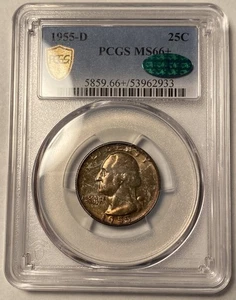 1955-D Washington Quarter PCGS MS66+ Plus CAC Colorful Toning - Picture 1 of 4