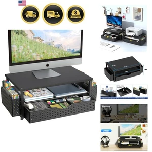 Desk Organizer Computer Monitor Stand Riser with Drawer and Pen Holders Black - Picture 1 of 9