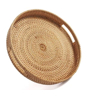 Woven Serving Tray Coffee Table Tray Round Rattan Ottoman Tray with Handle - Picture 1 of 11
