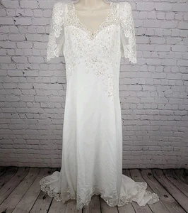 Bridal Originals White Embroidered Floral Beaded Puff Sleeve Wedding Dress 14 - Picture 1 of 14