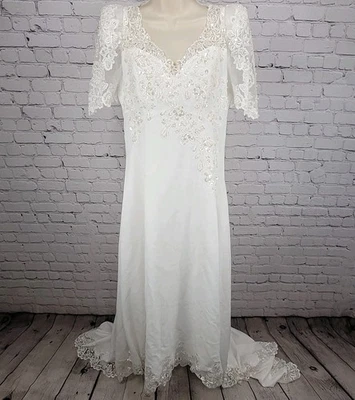 Bridal Originals White Embroidered Floral Beaded Puff Sleeve Wedding Dress 14 - Image 1 of 4