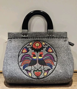 Goshico gefilzte Wolle grau Handtasche bunt Volkskunst PA niederländische Hähne 11 x 14 - Bild 1 von 14