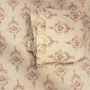 Ralph Lauren Trianon Rosvin Pink Rose Cottage Shabby Ruffled Flat Fitted Sheet - Picture 1 of 8