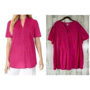 Woman Within Popover Tunic Size 26/28 Hot Pink Pintuck Pleats Lightweight Cotton - Picture 1 of 8