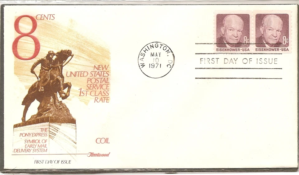 US SC # 1402 Eisenhower Coil FDC.Strip Of 2, Fleetwood Cachet. - Image 1 of 1