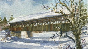Puente cubierto Sunday River, Maine. Puente de artistas en nieve. Impresiones en acuarela. - Imagen 1 de 1