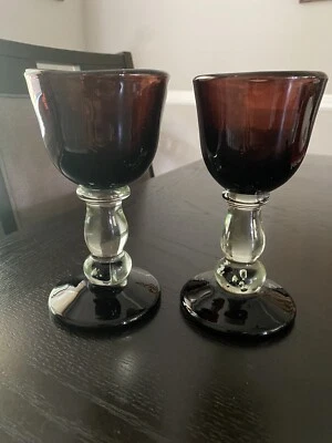 2 Rick Strini signed Art Wine Goblets Hand Blown Glass Ruby Brown Ombré Vintage - Image 1 of 4