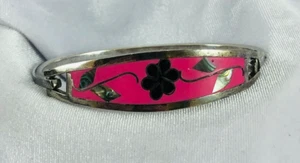 Pink Enamel Abalone & Black Floral Inlay Mexico Hinged Bangle Flower Bracelet - Picture 1 of 6