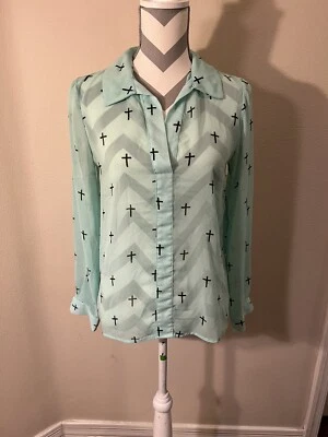 Honey Punch Womens Mint Green Open Back Collared Sheer Blouse Size L - Image 1 of 4