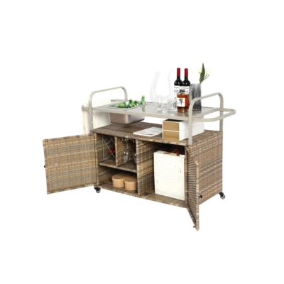 Outdoor Bar Table, Wicker Bar Cart w Cabinet, Patio Serving Cart with Steel Top - Image 1 of 4