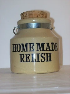 VTG STONEWARE CROCK JUG "HOME MADE RELISH" MOIRA ENGLAND BALE HANDLE CORK LID - Picture 1 of 4