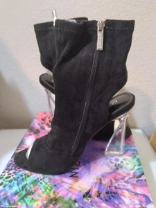 Cape Robbins Booties Womens Size 9 Black Faux Suede Open Toe Kitten Clear... - Picture 1 of 8