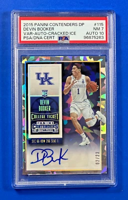 DEVIN BOOKER 2015 Panini Contenders DP HIELO AGRIETADO RC VARI 23/02 PSA 7 automático 10 Foto 1 de 4