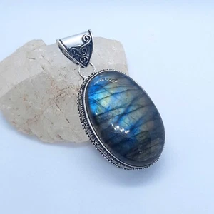 Labradorite Gemstone 925 Sterling Silver Plated Pendant Jewelry 2 1/4" - Picture 1 of 6