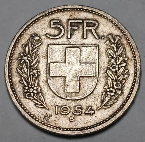 1954-B Switzerland 5 Francs - 83.5% Silver - Vintage Swiss Coin - "William Tell" Cover