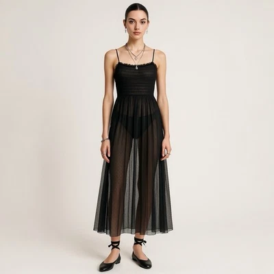 Vestido sin Mangas Free People S Negro Malla Transparente Punto Capricho Balletcore Hada Midi Foto 1 de 4