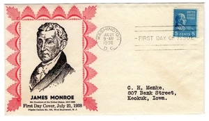 #810 Presidential Series 5c James Monroe 1938 FDC - Planty #39 Pilgrim - Picture 1 of 2