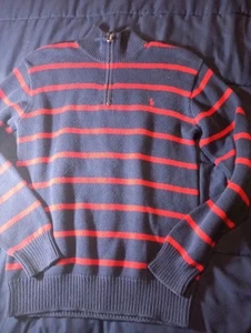 Polo Ralph Lauren Pullover L 14 16 Sweater 1/4 Zip Striped Ribbed Knit Pony Red - Picture 1 of 5