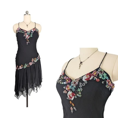 Vestido midi vintage vestido de cóctel 8 negro floral Y2K hada gótico cuentas seda invitada Foto 1 de 4