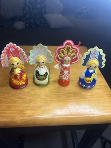 Vintage Russian Hand Painted Kokoshnik Doll Ornament With Headdress Lot Of 4 - Picture 1 of 8
