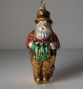 Vintage Fishing Santa Glass Ornament Holding Rod Stringer Of Fish Waders - Picture 1 of 8