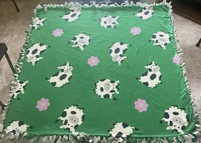Hand-tied Fleece Cow Lap- Blanket Cow Themed, Green, Navy, Gray , Purple  - Image 1 of 4