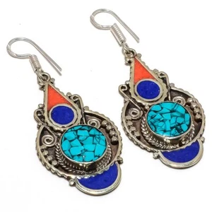 Tibetan Turquoise, Lapis Lazuli Gemstone 925 Sterling Silver Earring 2.6" T353 - Picture 1 of 7