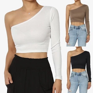 TheMogan Damen Freizeit One Shoulder Langarm Tee T-Shirt Slim Fit Crop Top - Bild 1 von 26