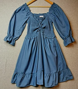 Orange Sherbet Dress Size 14 100% Linen Blue Knee Length Elbow Puff Sleeves Tier - Picture 1 of 13