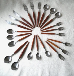 VTG 1960s HOLLAND STAINLESS STEEL TEAK HANDLES 3 PLACE CUTLERY SET : 23 PIECES - Picture 1 of 18