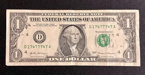 2017 $1 One Dollar Bill Note ~ LOW SERIAL NUMBER ~ 5 of a kind ~ 17477747 - Bild 1 von 2