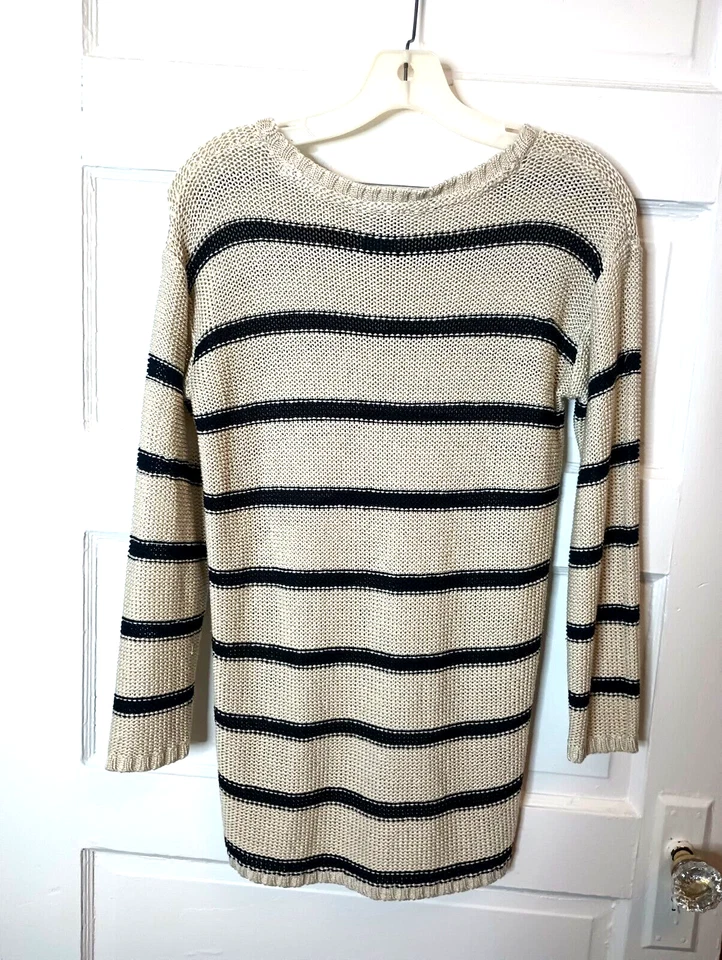 Suéter para mujer Quinn Hi Lo a rayas tejido suelto talla pequeña beige negro Foto 1 de 4