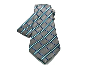 Men's Brand Q Microfiber Tie Necktie & Hankie Set Gray Teal Diagonal Striped New - Picture 1 of 3