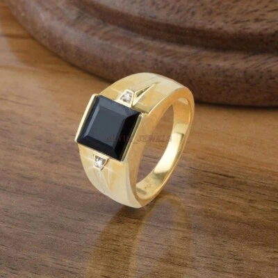 Anillo De Plata Esterlina 925 Bañado En Oro Con Piedra Preciosa Ónix Negro #1252 - Imagen 1 de 4