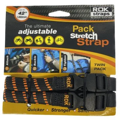 ROK Straps Motorcycle Stretch To 42" 1060mm Adjustable Black Orange Twin Pack - Image 1 of 3