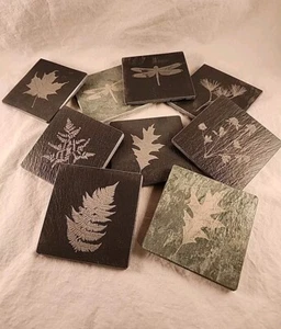 Nature Themed Slate Coasters, Lazer Etched Cork Backing Made In Vermont Set Of 9 - Picture 1 of 4