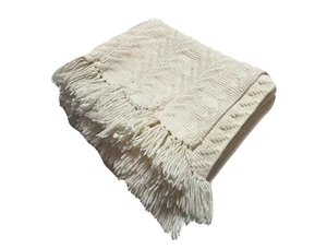 Vintage Handarbeit Quilt Off-White Elfenbein Grobstrick Fransen Überwurf Decke - Bild 1 von 7