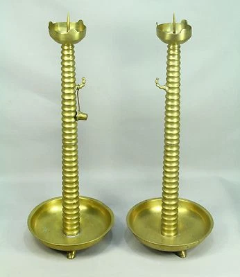 * Antique 1800's Large Pair Brass Indo-British Raj Pricket Candle Holders 24.5" - Image 1 of 4