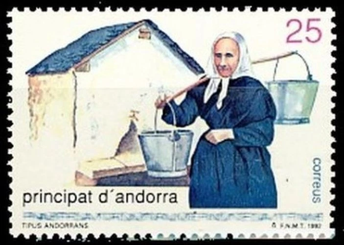 Sello Andorra 1992 Edifil 229 ** Tipos andorranos Mujer con "fusteguer" y... Foto 1 de 1