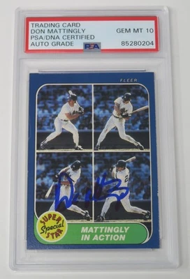 Tarjeta Fleer In Action 1986 autógrafo firmado por Don Mattingly Yankees 627 PSA 10 automático Foto 1 de 4