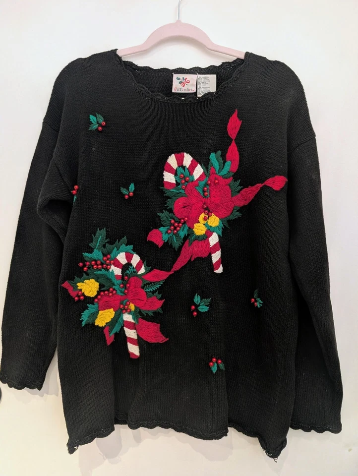 Vintage Nutcracker Christmas Candy Cane Embroidery Holiday Ugly  Sweater Medium  - Image 1 of 4